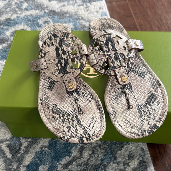Tory Burch Shoes - Tory Burch Snake-Embossed Miller Sandals in Beige and Black
